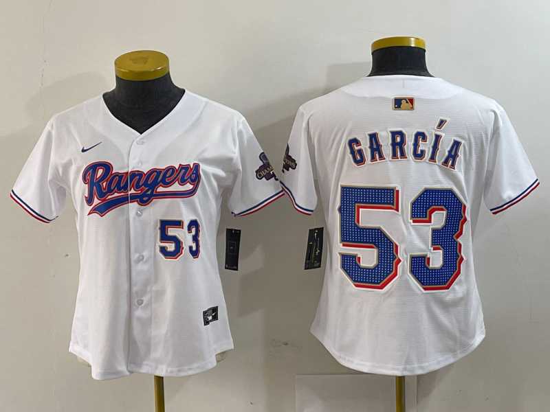Women%27s Texas Rangers #53 Adolis Garcia Number White 2024 Gold Collection Limited Cool Base Jerseys